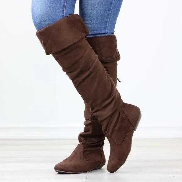 Fold Over Brown Thigh High Over The Knee Flat No Heel Boots Faux Suede Pointed - Picture 9 of 14
